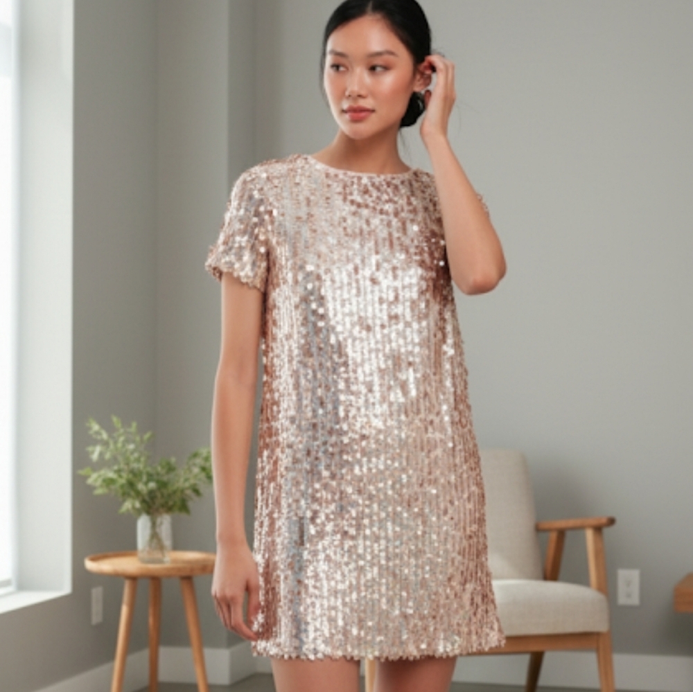 Lulu's Blush Pink Gold Short Sleeve Sequens Shift Dress Size Medium